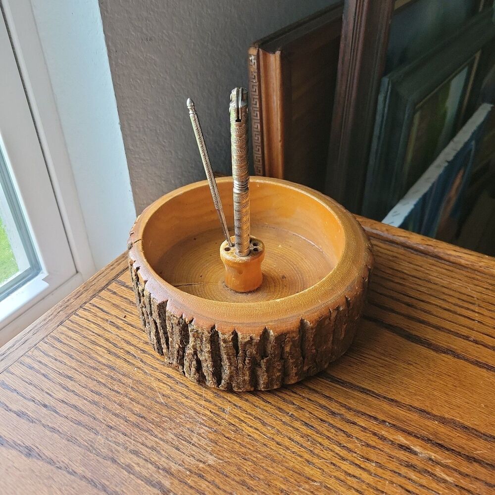 Vtg Nut Wood Bowl Pick & Cracker 7” Round MCM Rustic Natural Mid Century 70s